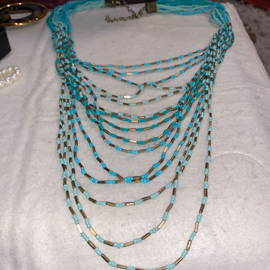 Turquoise Multi Strand Necklace With Gold Seed Beads
